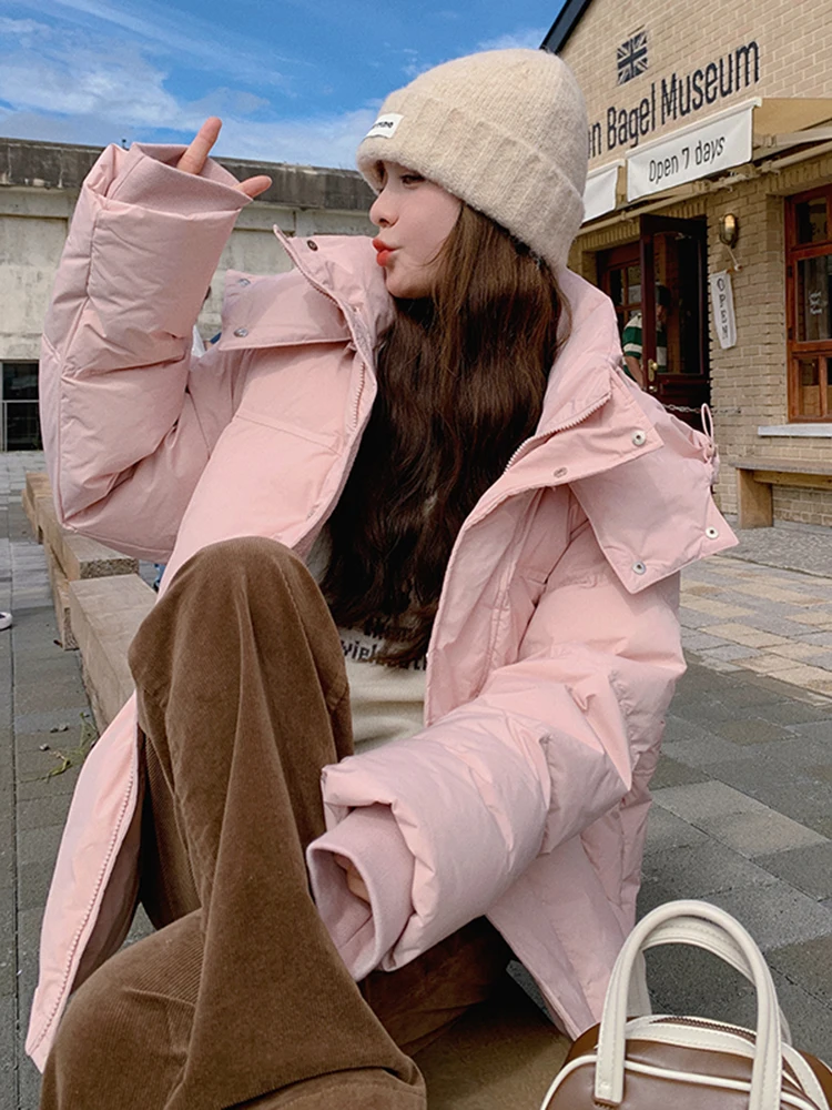 Женский короткий пуховик розовый в Корейском стиле свободный зимнее плотное