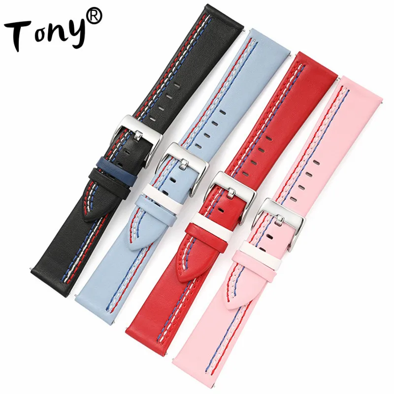 Enlarge Wholesale 10PCS/Lot Genuine Cow Leather Watch Band Watch Strap 20mm 22mm Quick Release Pin  Black Pink Skyblue Red Colors New