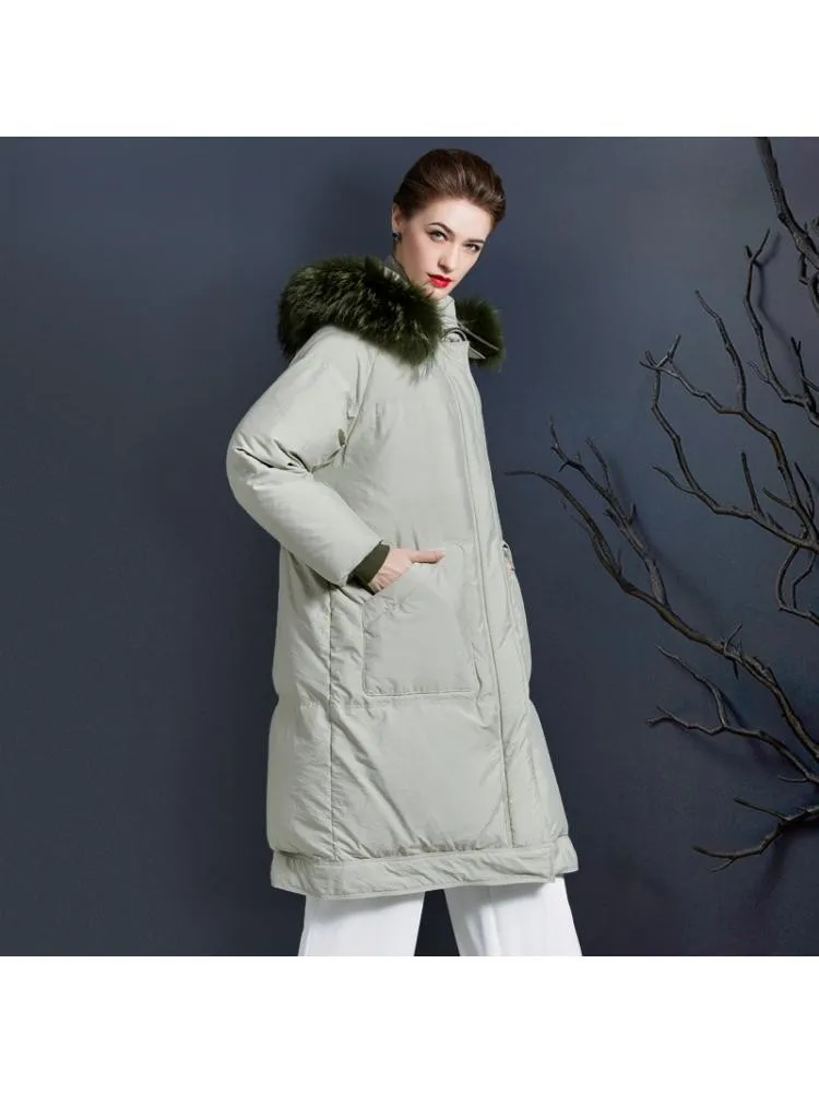 2022 Korean Winter Natural Raccoon Fur Collar Fashion Padded Soft Long 90 White Duck Down Coats Women Hooded Loose Warmer Jacket