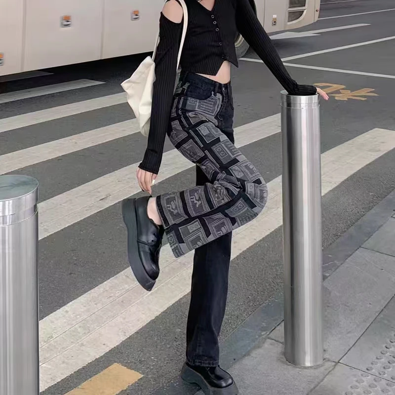 

High Street Straight Leg Black Jeans Y2K Aesthetic For Woman Fashion Print Harajuku Streetwear Clothes Pants Trousers Woman