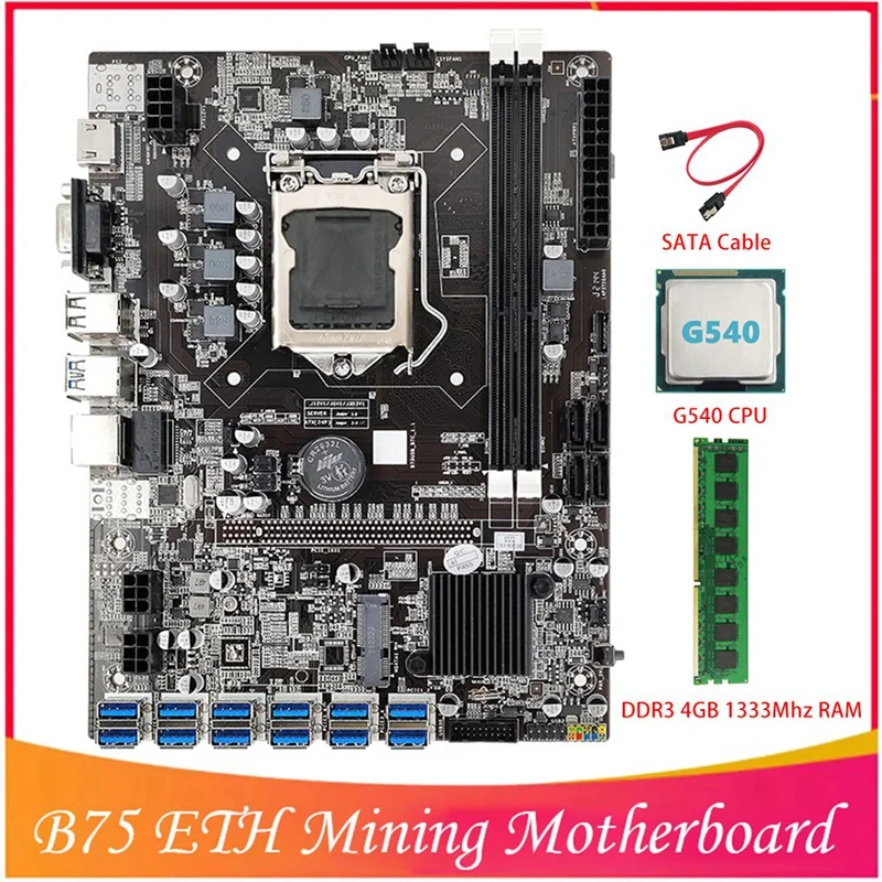 

B75 BTC Mining Motherboard 12 PCIE To USB LGA1155 With G540 CPU+DDR3 4GB 1333Mhz RAM+SATA Cable B75 ETH Mining