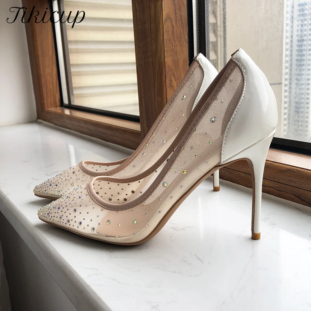 

Tikicup Summer Women White Gauze Mesh Pointy Toe High Heel Wedding Shoes with Rhinestones Elegant Ladies Stiletto Pumps