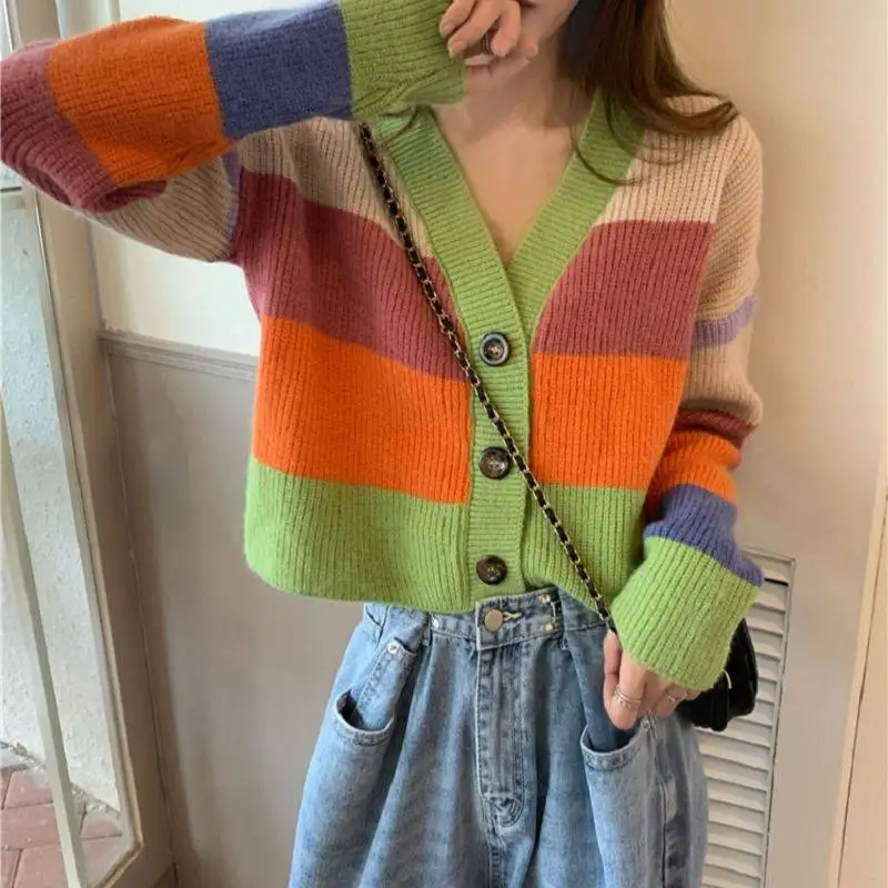 

2022 New Rainbow Striped Sweater Women's Fresh Retro Loose Short Knitted Cardigan Women Sueters De Mujer Cardigan Feminino