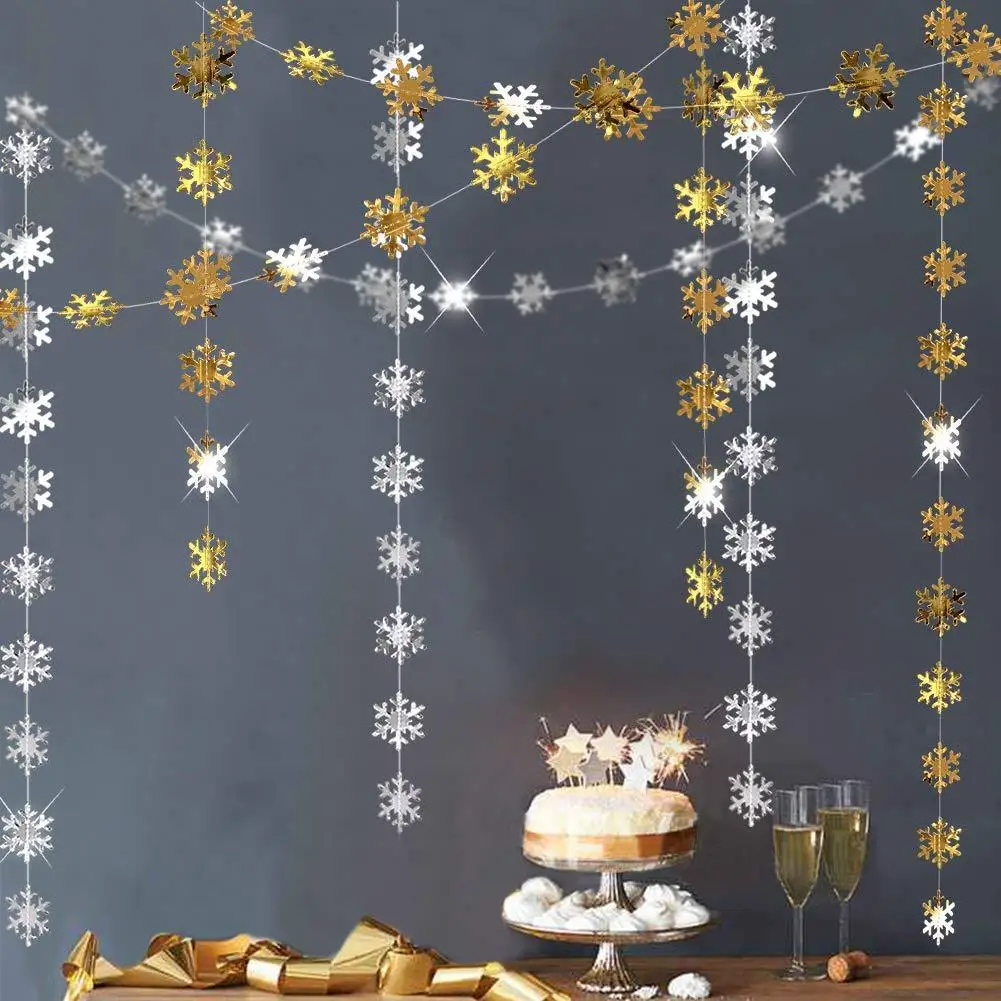

4M Snowflakes String Banners Bright Gold Silver Paper Garland for New Year Christmas Party Hanging Decor Wed Baby Shower Favors