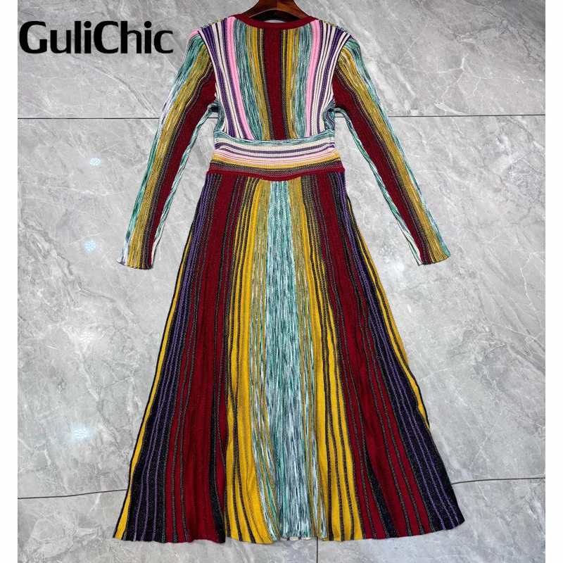 9.2 GuliChic Colorful Vertical Stripe V-Neck Bright Silk Knit Dress Women Elegant Fashion High Waist Split A-Line Pleated