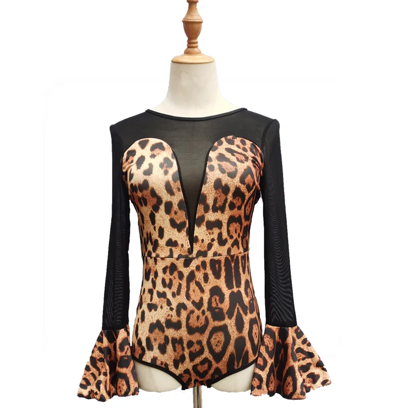 

Women Latin Dance Jacket Adult Ladies Leopard Bodysuit Top Practice Clothing Dancing Long Sleeved T-shirt Stage Dancewear