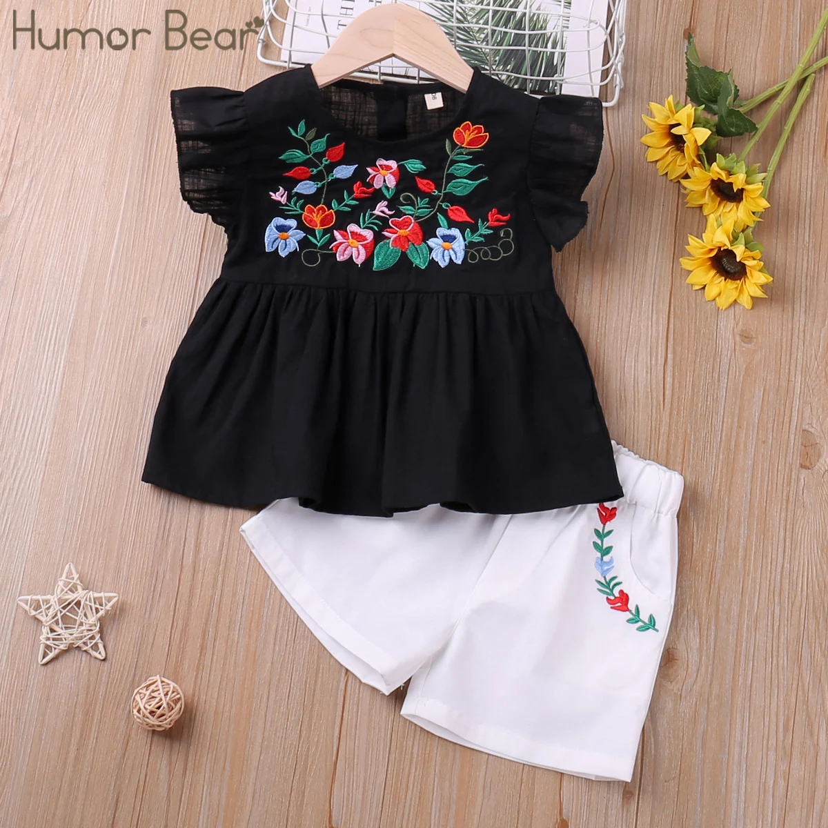 

Humor Bear Girls Clothes Set Summer Flying-Sleeve Floral Embroidery T-Shirt + Solid Shorts 2pcs Casual Children Clothes