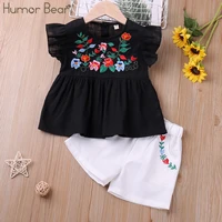 humor bear girls clothes set 2022 summer flying sleeve floral embroidery t shirt solid shorts 2pcs casual children clothes