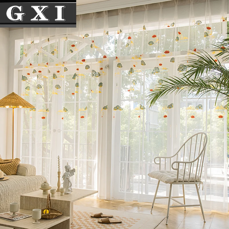 

Chinese Pastoral Banana Leaf Embroidered Sheer Tulle Living Room Curtains For Bedroom Balcony Window Drapes Voile Tulle Curtians