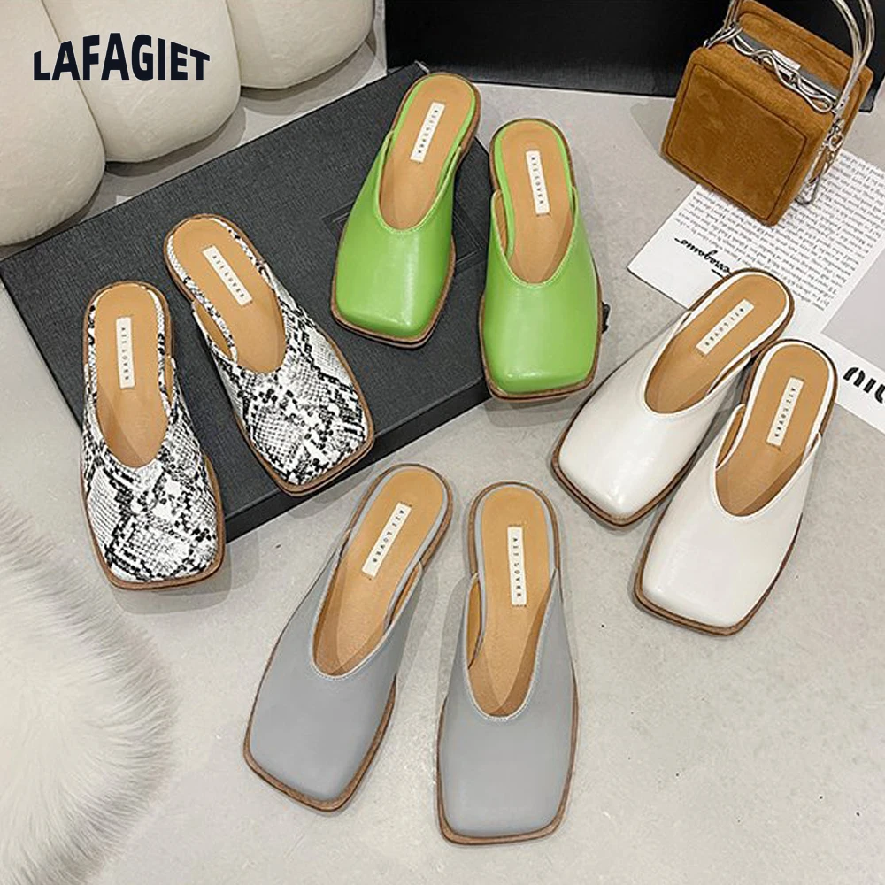 

Summer PU Leather Slippers Cover Toe Mules For Women Slippers Loafers Pantofle Low Flat Soft New Square Fabric PU Spring Outdoor