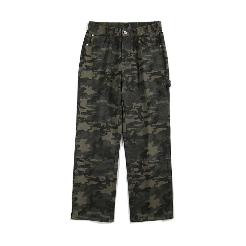 Men Outdoor Camouflage Overalls Jeans Men's Pants Loose Hanging Feeling Straight Tube Wide Leg Rest Slacks Denim Trousers
