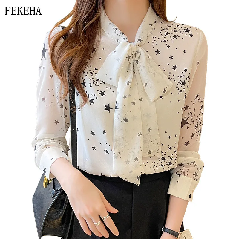 

Women Chiffon Shirts Star Printed Blouses Long Sleeve Bow Lady Tops White Fashion Office Wear Female Clothes 2022 Spring News