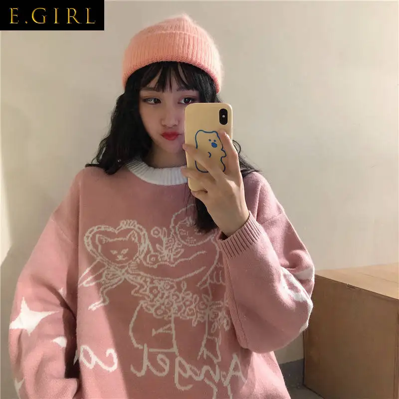 E GIRLS Cute Knit Pullover Woman Sweater Autumn Japanese Harajuku Jumpers 2022 Angel Cartoon Streetwear Casual Female Sweaters