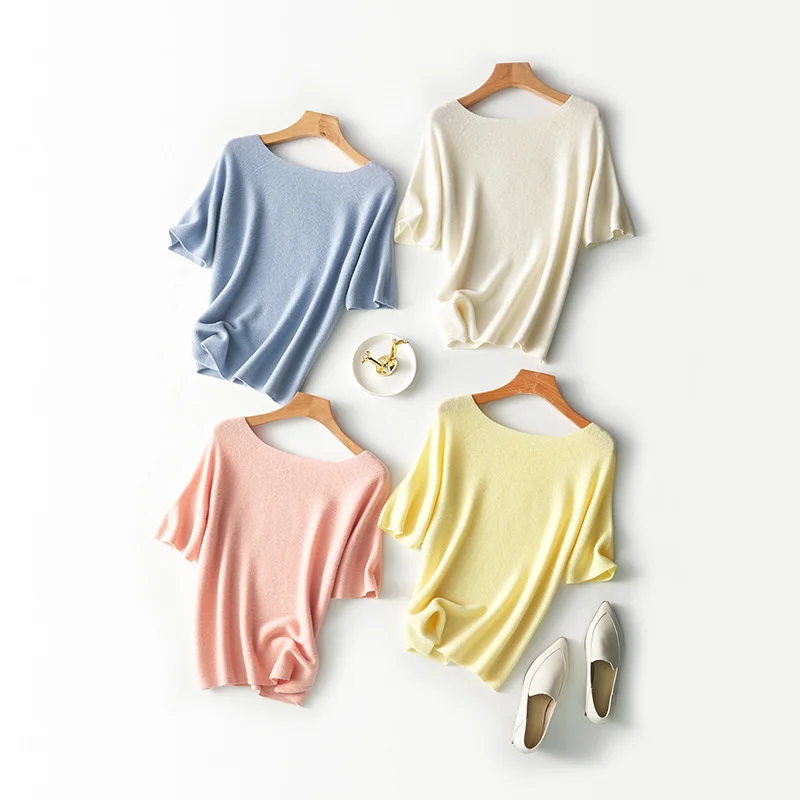 

2023 Autumn Seamless 100% Wool Half Sleeve Sweater Women Drop Shoulder Sleeve Solid Color Tops