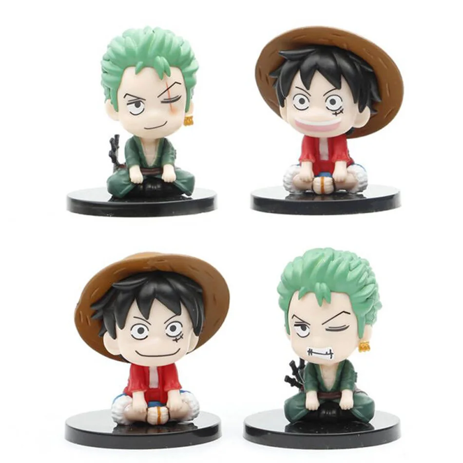 

4pcs Anime Figure One Piece Monkey D Luffy Roronoa Zoro Sitting Position Q Version Nendoroid PVC Model Children's Birthday Gift
