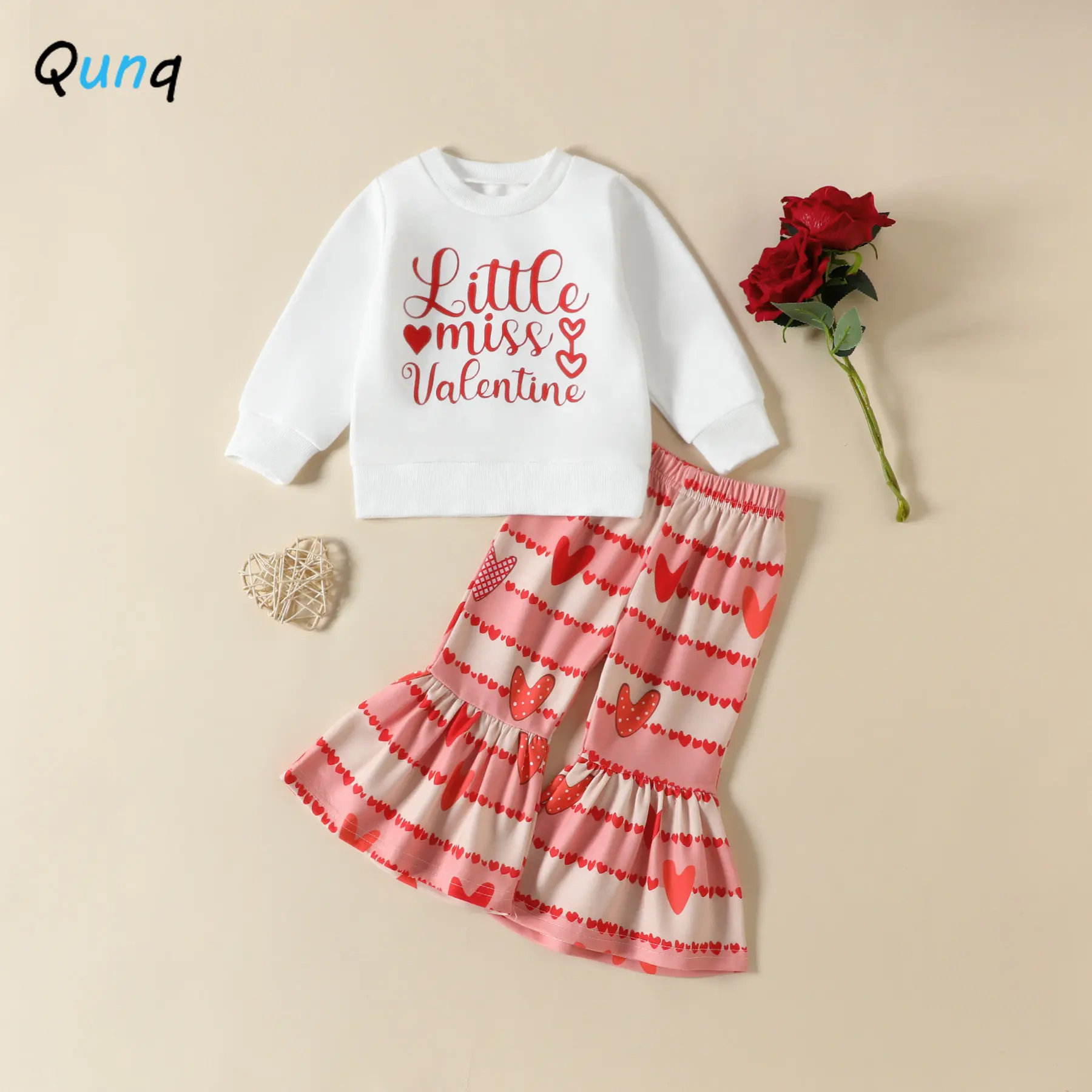

Qunq Autumn Girls Long Sleeve O Neck Print Top + Striped Love Heart Flared Trousers 2 Pieces Set Casual Kids Clouthes Age 3T-8T