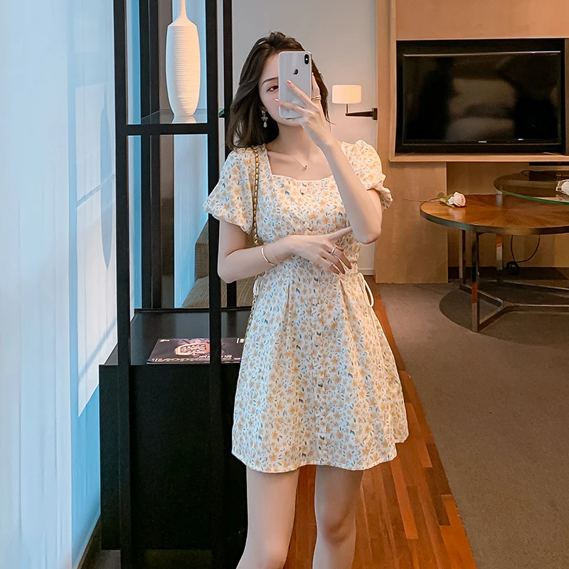 

COIGARSAM Dresses Women 2022 New Floral Print High Waist Yellow Dress Dropshipping