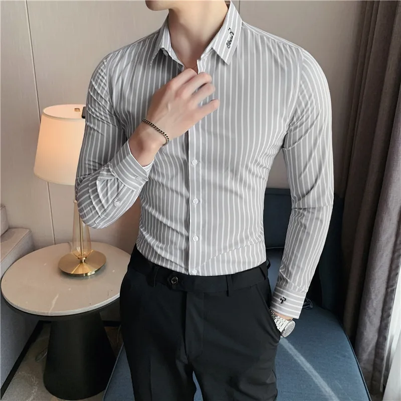 2021 Embroidery Striped Shirts Men Long Sleeve Slim Casual Shirt Fashion Business Formal Dress Shirt Office Social Male Clothing