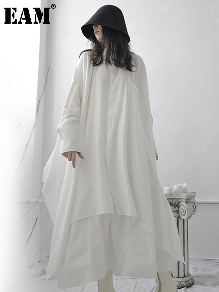 

[EAM] Women White Long Asymmetrical Big Size LongBlouse New Lapel Long Sleeve Loose Fit Shirt Fashion Spring Autumn 2022 1S668
