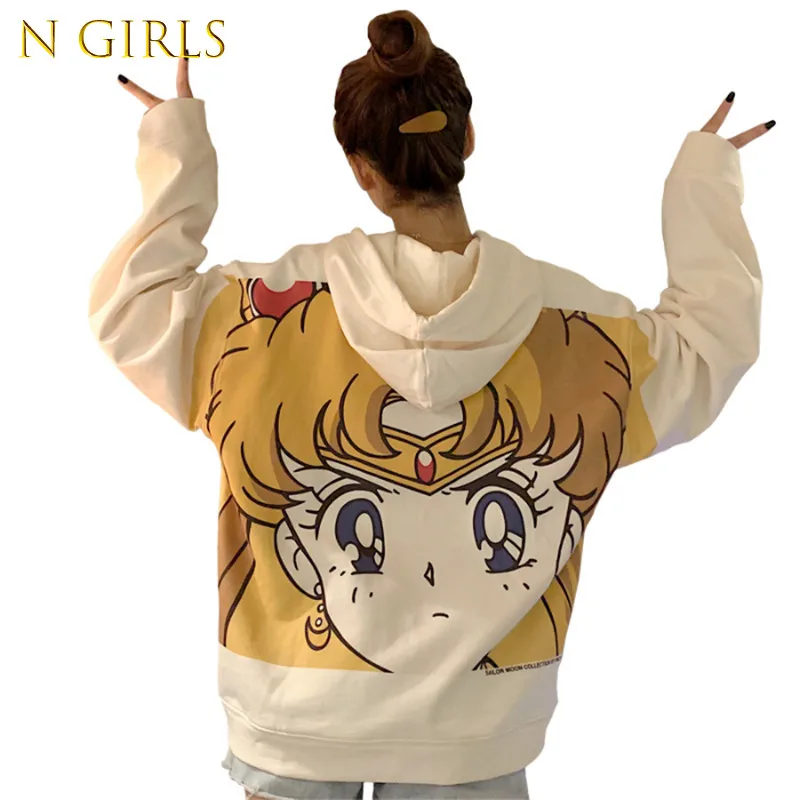 

Толстовка с капюшоном для девочек Harajuku с мультяшным принтом, Женский Свободный Повседневный милый пуловер с карманами и длинным рукавом, то...