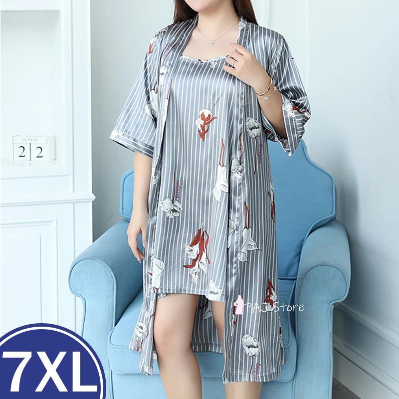 7XL Night Dressing Oversized Pajama Nightgown Set Night Dress Silk Satin  Nightwear Robes 2 Piece Women Kimono Summer Bath Gown - купить по выгодной  цене | AliExpress