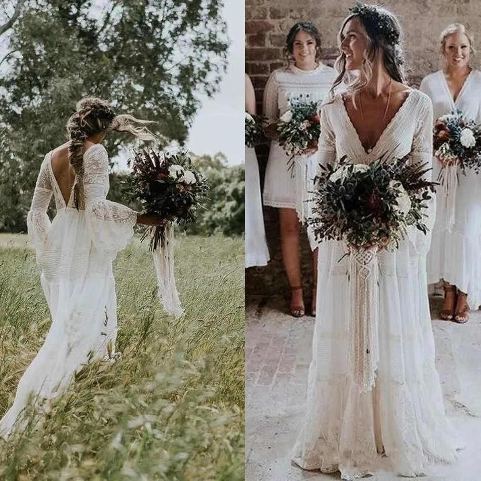 

rustic Bohemian Wedding Dresses Hippies V Neck Long Sleeve Lace low back Beach Boho Garden Country Bridal Gowns robe de mariée