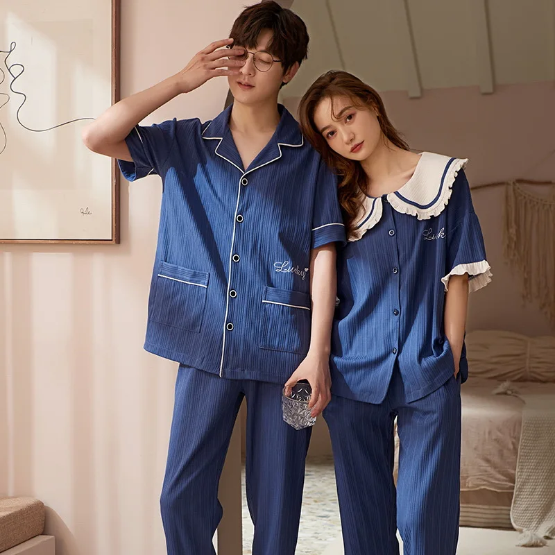 Couple Two Piece Set Summer Pijamas Cotton Short-sleeved Tops Trousers Clothes Women and Men Home Clothes Sleep Wear Pj Sets