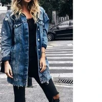 2021 new fashion women european and beautiful women mid length ripped denim trench coat with long holes fall solid color coat