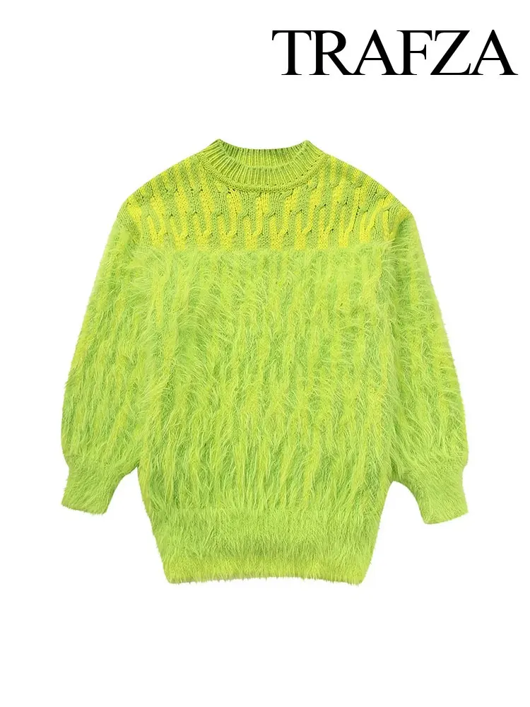 

TRAFZA Winter Thickened Fluffy Knitted Women's Textured Knitted Sweater Fashion Long-sleeved Loose Green Pullover Women's Top