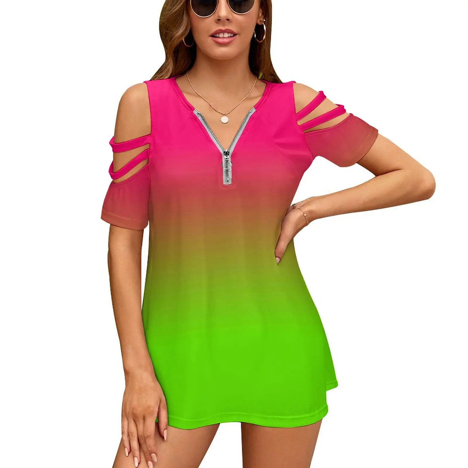 

Neon Pink And Neon Green Ombré Shade Color Fade Women Zipper Sexy Printed Vintage T Shirts Tops Full Print T-Shirt Neon Pink