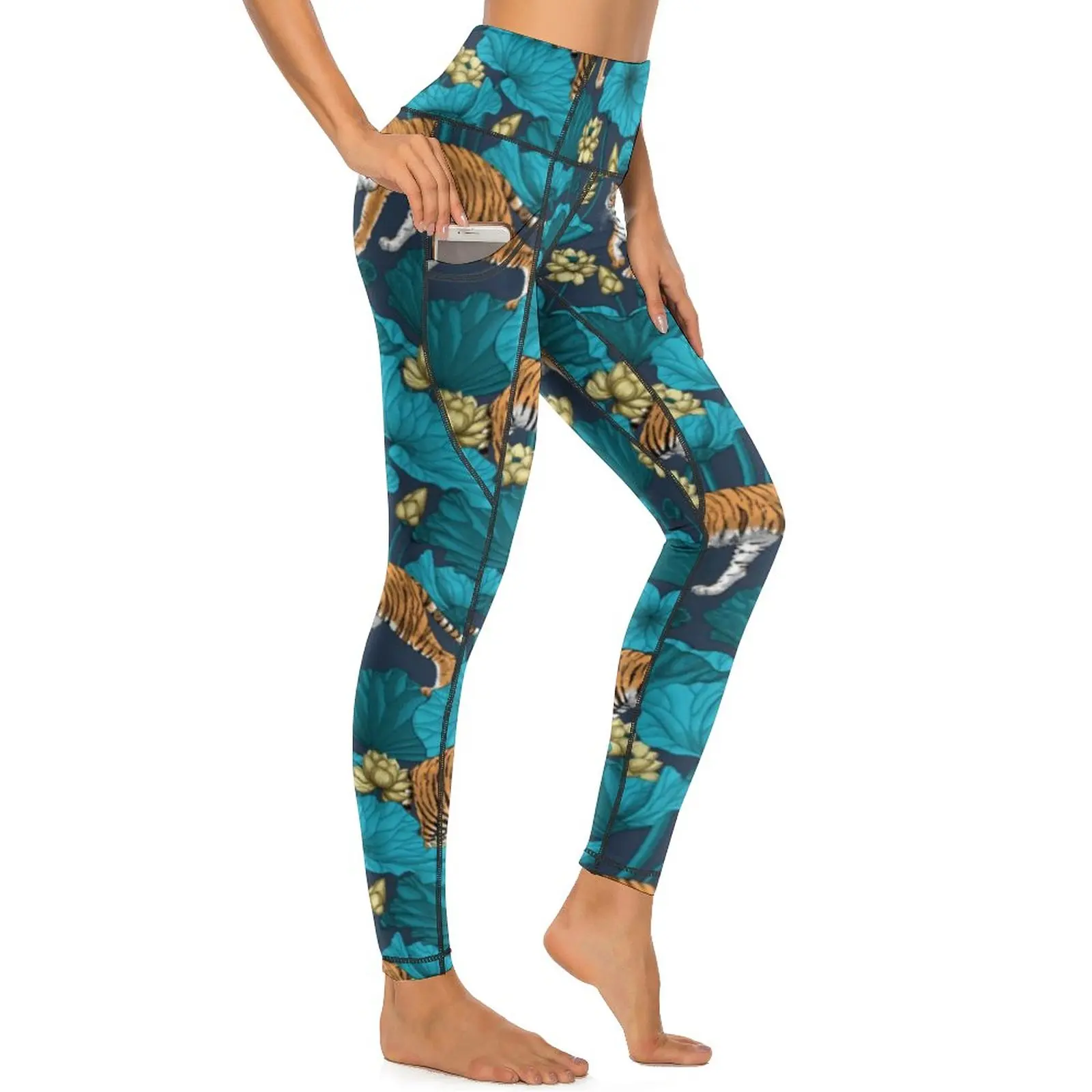 

Wild Tiger Leggings Pockets Yellow Lotus Pond Design Yoga Pants High Waist Gym Yoga Legging Women Funny Elastic Sports Tights