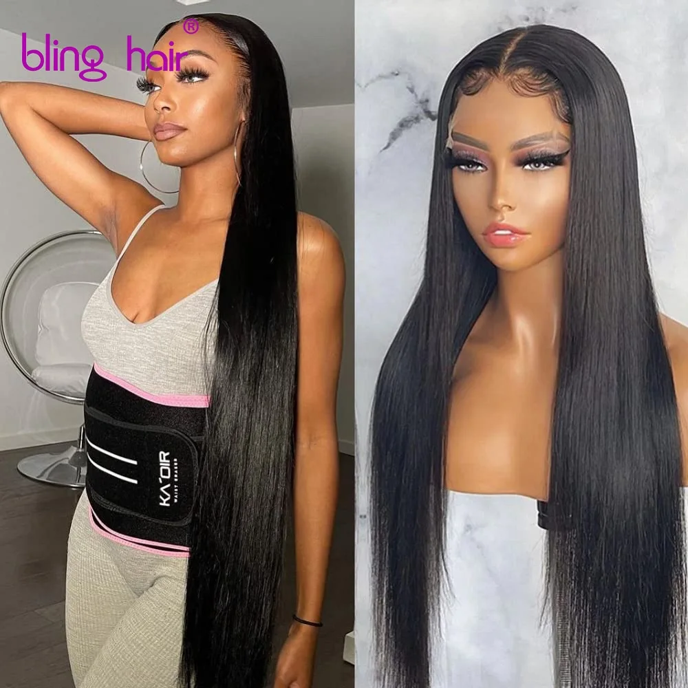 

34 Inch Long Straight Hair Lace Frontal Wig PrePlucked Bleached Knots Bling Remy 13x4 Glueless Lace Frontal Wigs Human Hair