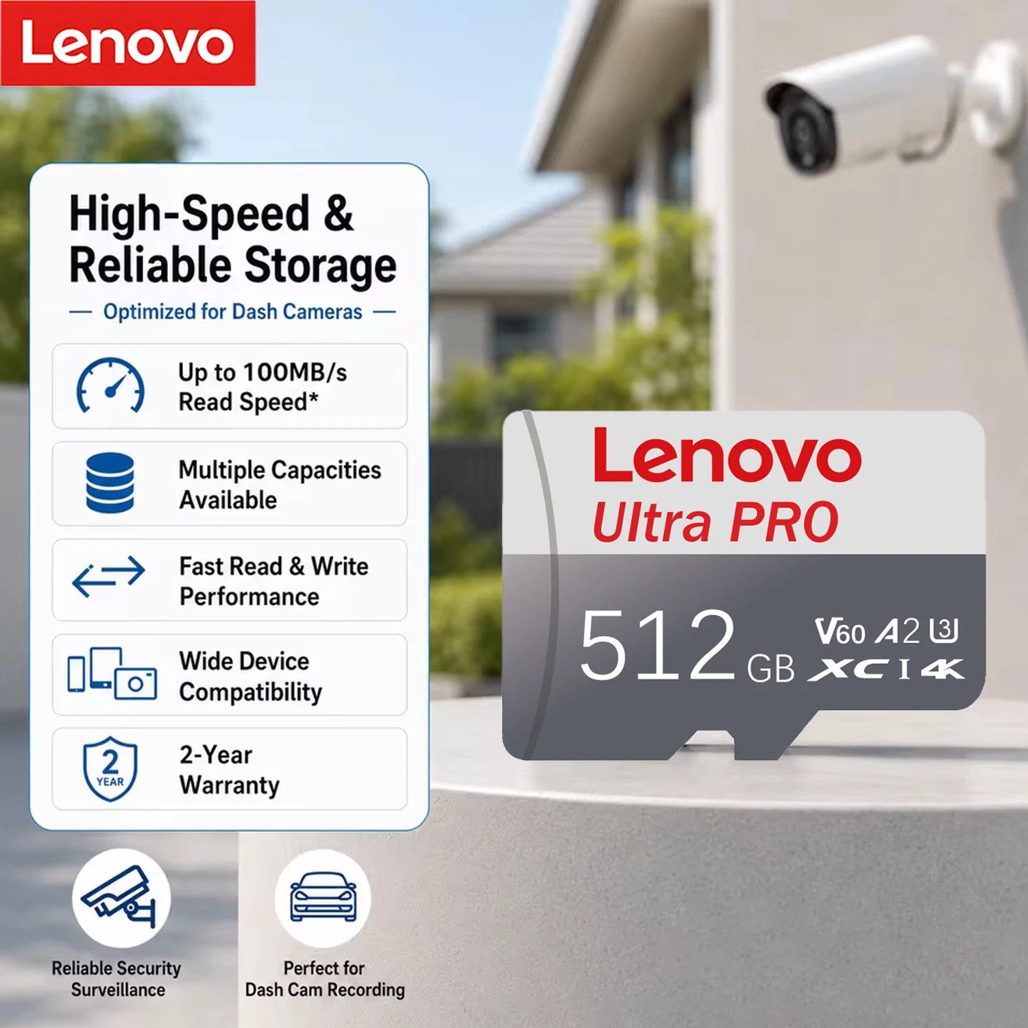 Фото Карта памяти Lenovo High Endurance Micro SD 128 ГБ 256 ГБ 512 ГБ V60 A2 4K Full HD TF для домашней камеры видеонаблюдения, дрона, ПК №1