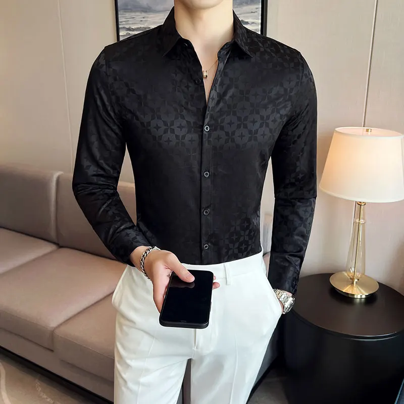 

Vintage Print Men's Shirts 2022 Autumn Long Sleeve Slim Fit Casual Shirt Business Social Dress Shirt Streetwear Camisa Masculina