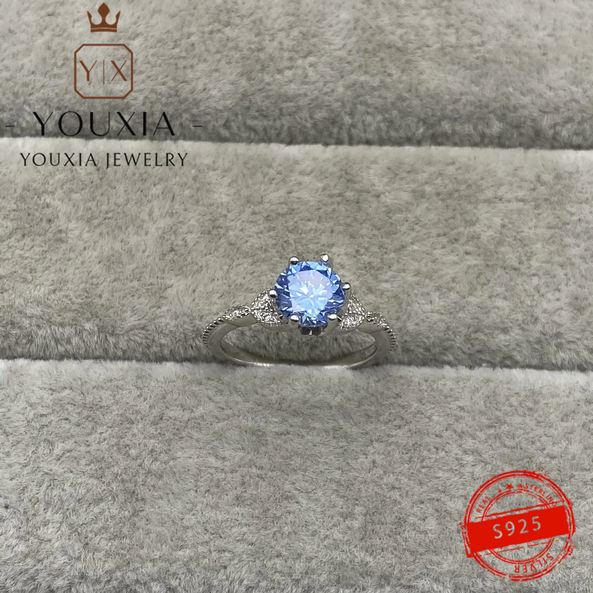 

1:1 S925 Silver European and American Simple Blue Pascal Zircon Ring Classic Wedding Ring Couple Love Ring Ladies Gifts Jewelry