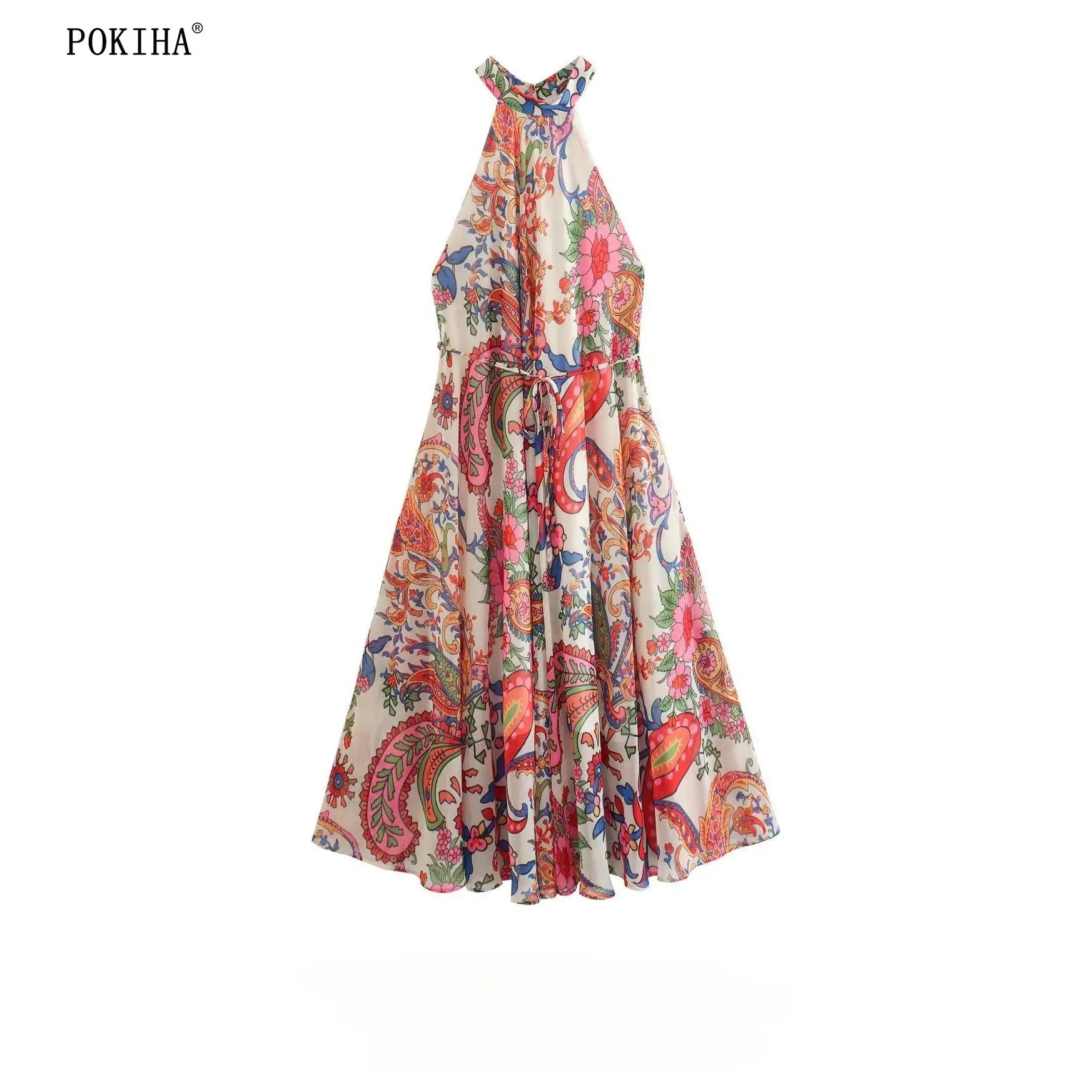 

Pokiha 2023 летнее модное женское винтажное платье миди с открытыми плечами и лямкой на шее, женские платья без рукавов с бантом