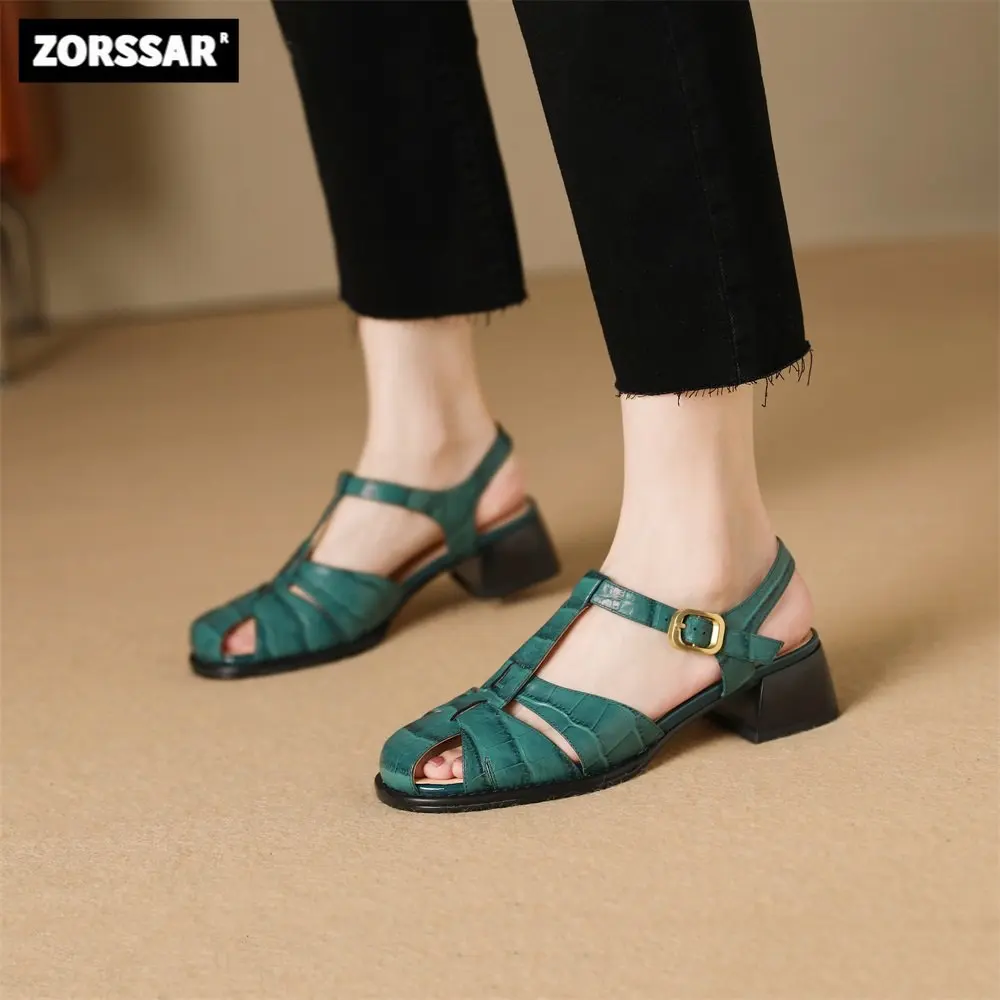 

New Women Shoes Summer 2023 Vintage Real Leather Rome Sandals Buckle Strap Casual Handmade Ladies Mid Heels Shoes Green