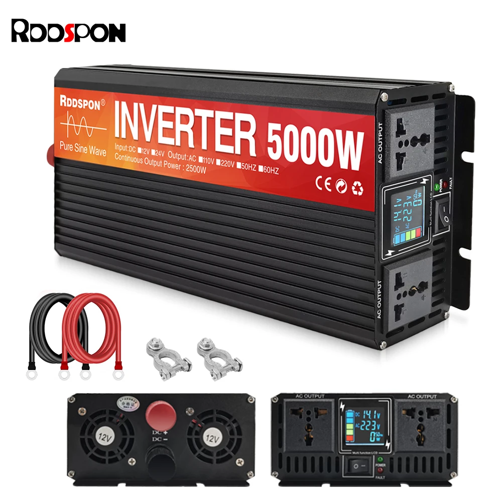 

RDDSPON Power Inverter Pure Sine 12V 24V 220V 3000W 4000W 5000W LCD Display 2 Output Voltage Converter Car Micro Solar Inverter