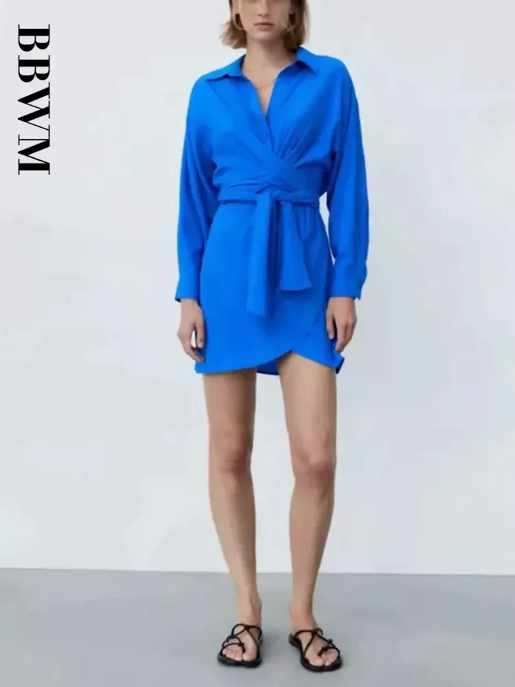 

2022 Blue Belted Mini Shirt Dress Women Long Sleeve Pleated Elegant Office Lady Dress Fashion Button Up Ruched Summer Dresses