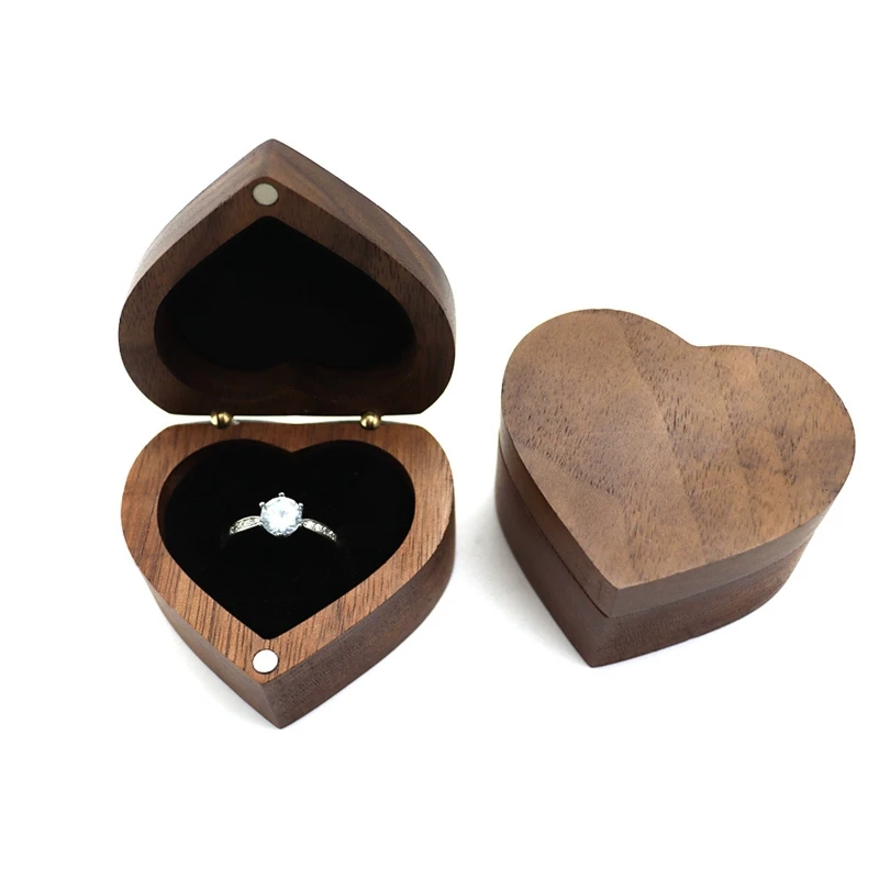 

652F Свадебная коробка для любовных колец, ореховая стандартная коробка для хранения, подарочная коробка в форме сердца, деревянная коробка, ...