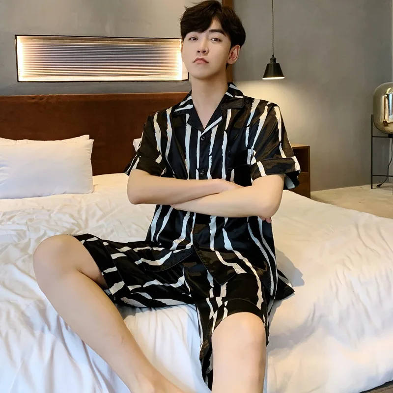 New men's pajamas summer short-sleeved ice silk black and white striped home service suit imitation silk plus size