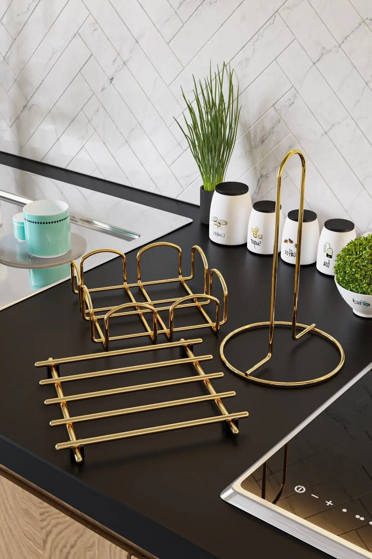 Bino Service Presentation Set Towel rack Napkin Holder Trivet Gold Altın Full Bright Stainless Steel 3 PCs Kitchen