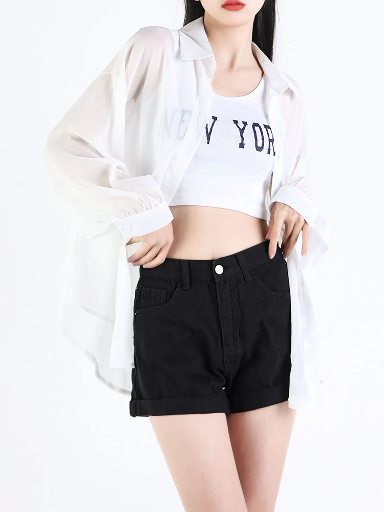 New Spring Summer Women High Waist Slim Fit Black Denim Shorts Casual Female Button Retro Jeans Shorts Bottoms