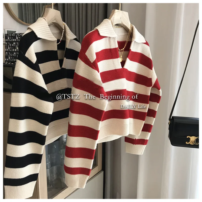 Women Full Winter New Striped Polo Collar Sweater Retro Casual Loose Pullover Knitted Sweater Casual Long Sleeve Soft Tops