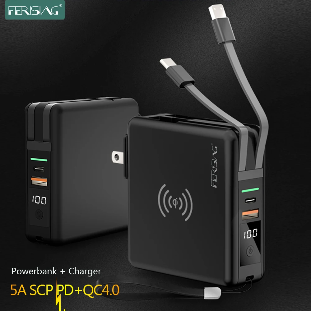 

FERISING 10000mAh Wireless Power bank + PD 5A Fast Quick Charge Type-C USB C QC3.0 Powerbank for iPhone Samsung Xiaomi Charger