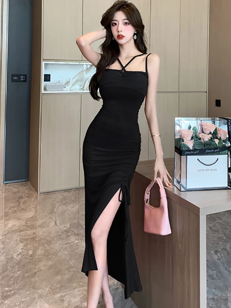 

2023 Black Elegant Pleated Bodycon Sling Long Dress Women Korean Vintage Hepburn Evening Dress Summer Chic Bandage Sexy Vestidos
