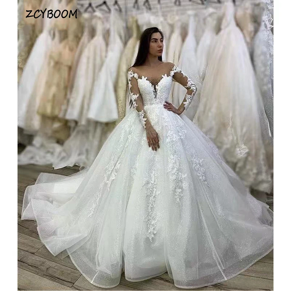 

Luxurious White O-Neck Sequin Appliques Wedding Dress 2023 Ball Gown Floor Length Sweep Train Shiny Organza Zipper Bridal Gown