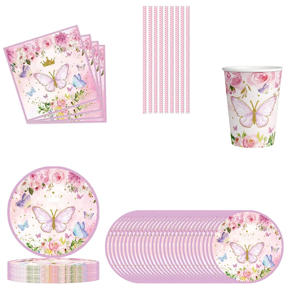 

Одноразовая посуда на день рождения, тарелка с розовой бабочкой и короной, скатерть для чашки, украшение для дня рождения девочки