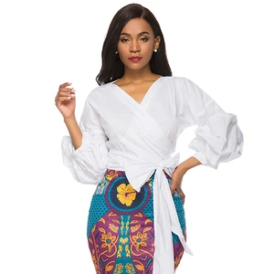 Женская блузка с поясом, элегантная белая клетчатая блузка с пышными рукавами и V-образным вырезом, деловая одежда для офиса, лето 2022