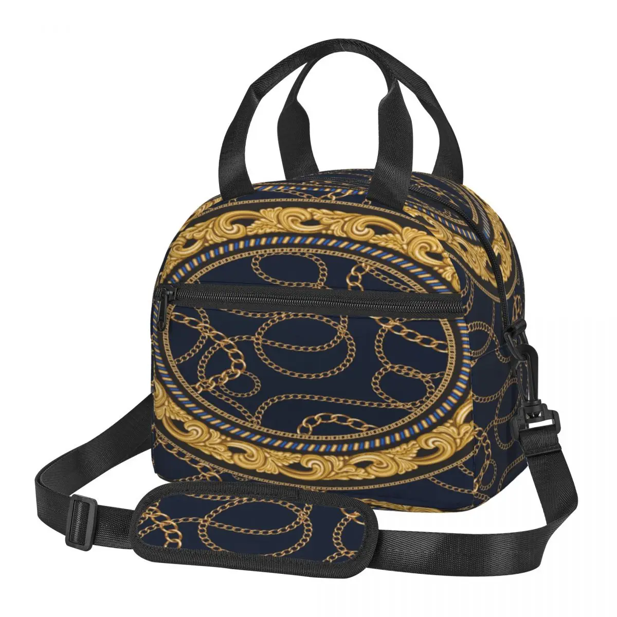 

Thermal Insulated Bag Lunch Box Gold Chains Baroque Fantasy Scrolls Lunch Bag Fridge Bag Cooler Handbag Food Bag for Work